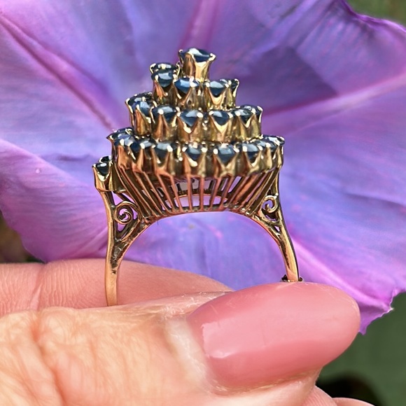 Sold-14K Yellow Gold Spiral Cluster Cocktail Natural Round Shape Blue Sapphire - Picture 12 of 17